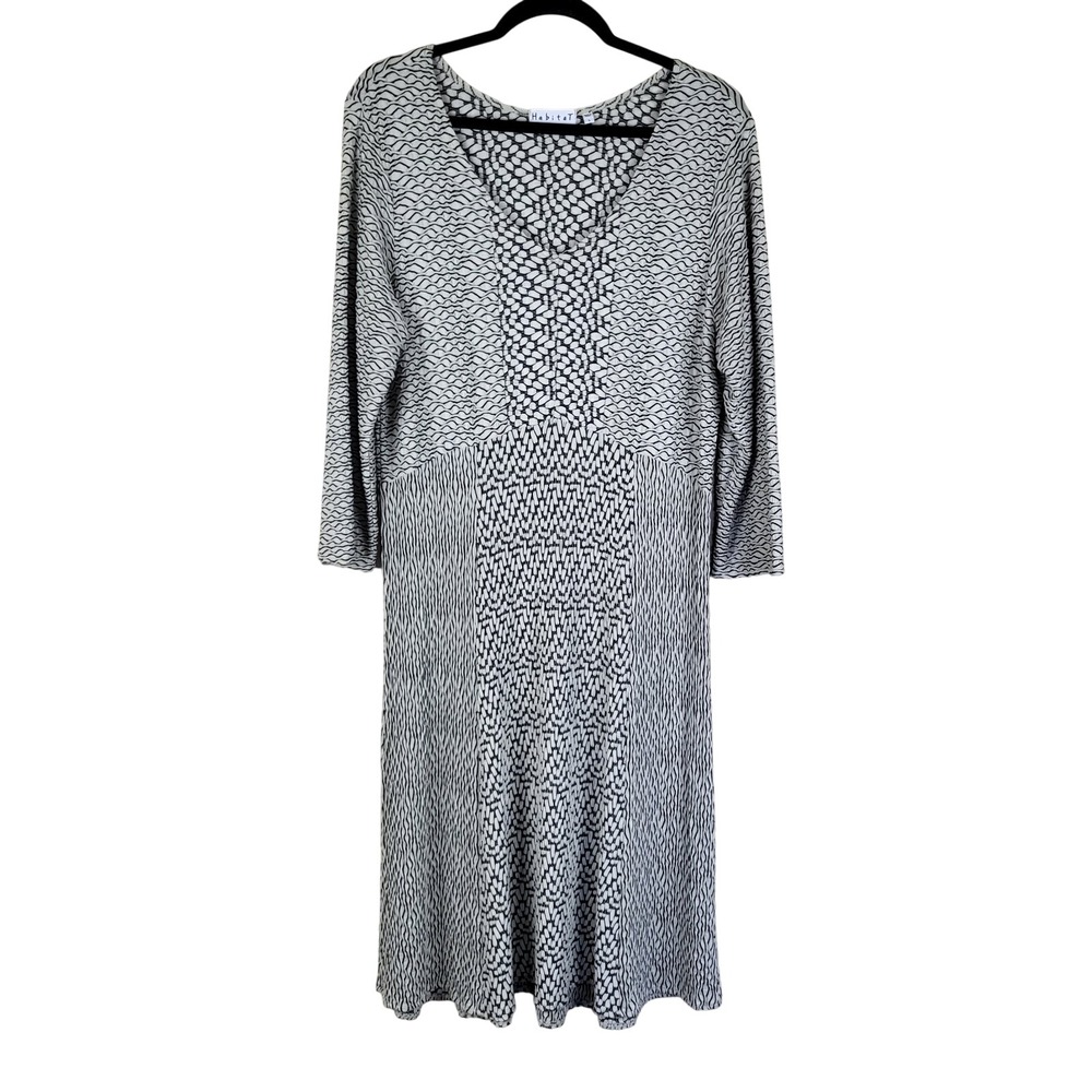 Habitat Midi Dress Women's Large Black White Stretchy Long Sleeve Mix Media